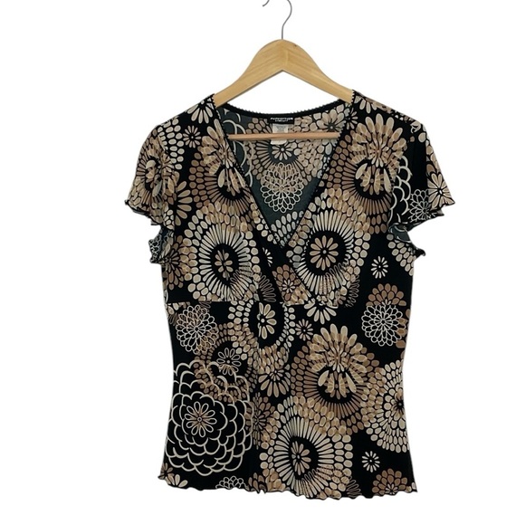 perception concept Tops - Y2K 2010s Top, Brown, beige, cream flowers, Perception Concept, Large